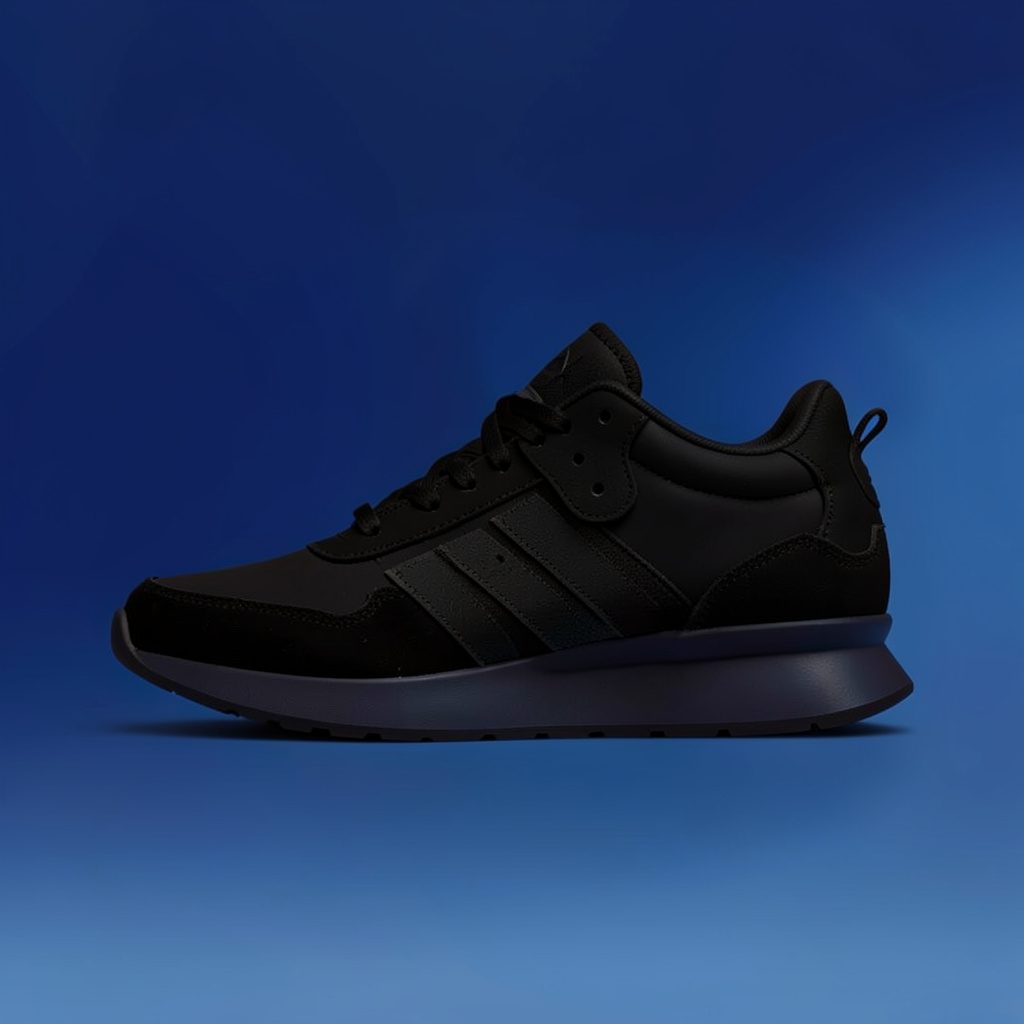 Knit low-top sneaker in deep black and charcoal with a dark rubber sole, moody lighting.