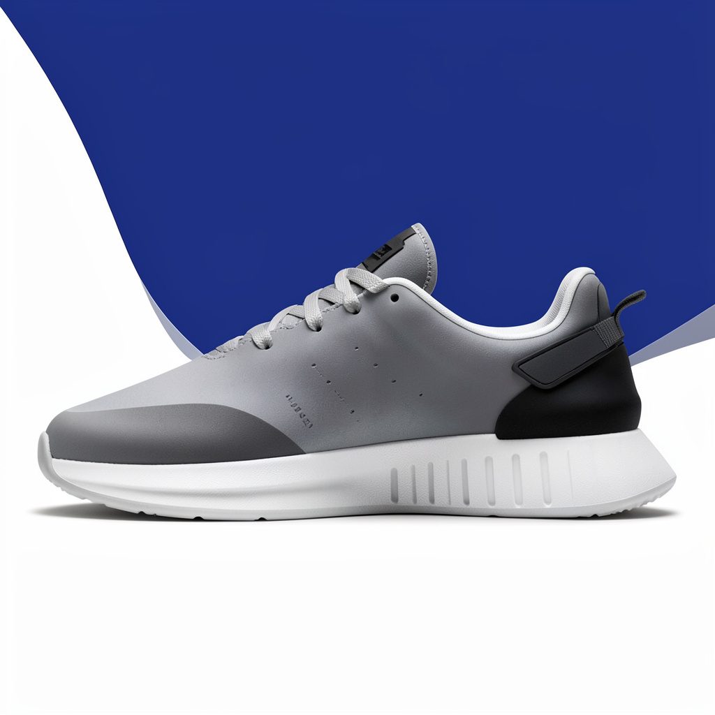 Low-top knit sneaker in pale grey, white, and black with a clean rubber sole.