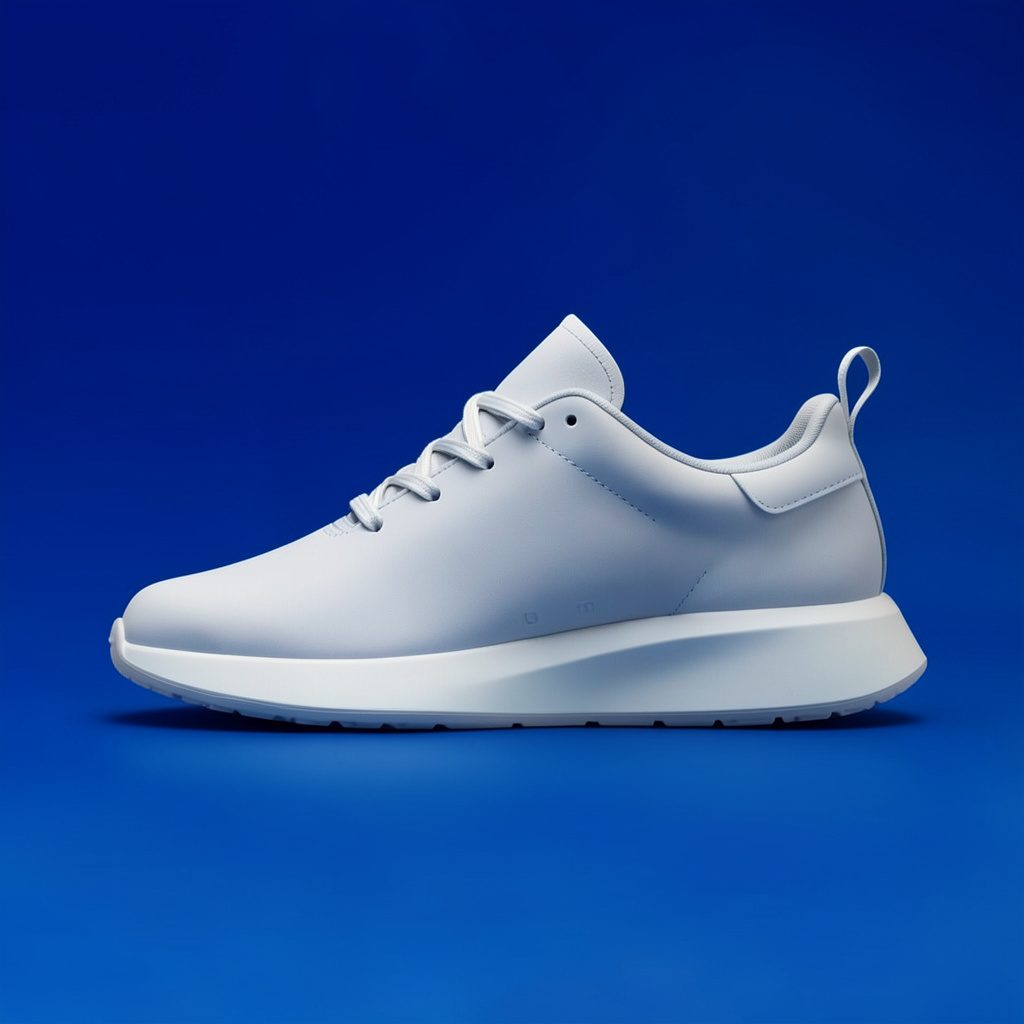 Light grey and gum-toned sneaker on a soft neutral gradient background, calm and premium mood