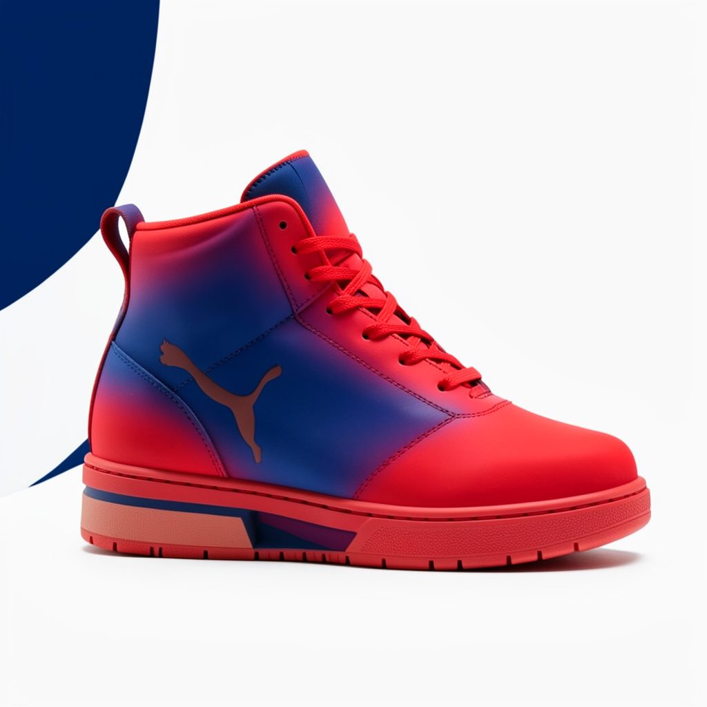 Bold red high-top athletic sneaker with deep crimson suede upper, clean white rubber sole, and minimalist white laces; warm confident sporty mood with soft natural lighting on a muted tan backdrop.