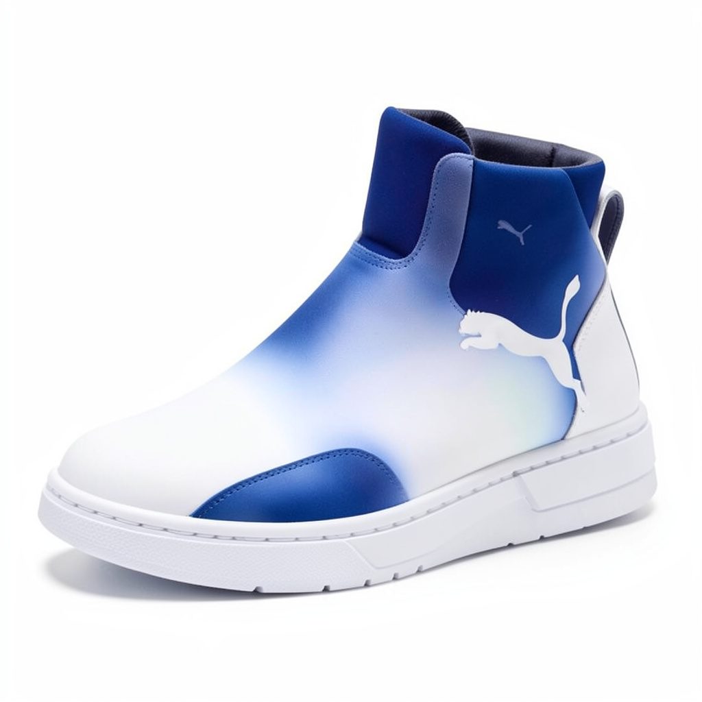 High-top trainer in crisp white with soft grey and warm gold accents on a light backdrop.